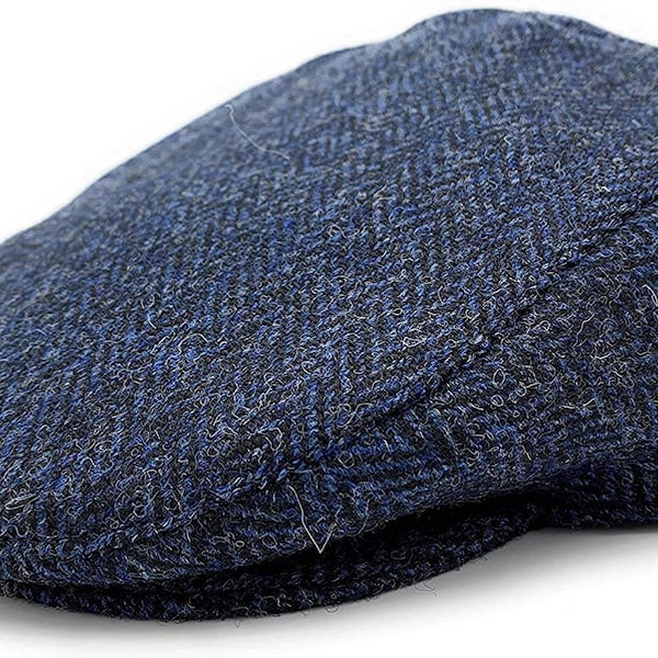 Men's Harris Tweed Flat Cap Navy Herringbone Quilted Lining Made In Scotland