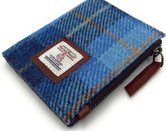 Women's Harris Tweed Blue Check Real Leather Small Bifold Wallet, Card Holder with Zipper Coin Purse Pocket