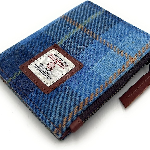 Petit portefeuille à deux volets en cuir véritable à carreaux bleu Harris Tweed pour femme, porte-cartes avec poche zippée pour porte-monnaie