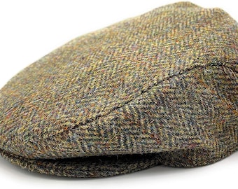 Harris Tweed Flat Cap Brown Herringbone Doublure matelassée pour hommes Fabriquée en Écosse