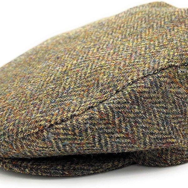 Men's Harris Tweed Flat Cap Brown Herringbone Quilted Lining Made In Scotland