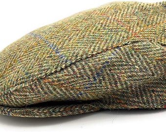 Men's Harris Tweed Flat Cap Green Herringbone Quilted Lining Made In Scotland