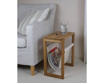 Magazine rack with shelf handmade from oak with untreated organic cotton