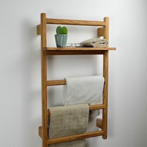 Towel holder Elisa with shelf handmade from oak wood - dry towel holder - towel holder on the wall