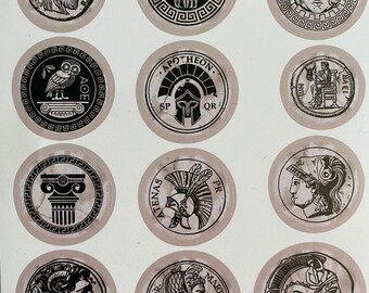 Ancient Civilization Vintage Look Greek/Roman Round Stickers for Junk Journals | Scrapbooking | Vintage Look Stickers | Greek Mythology |