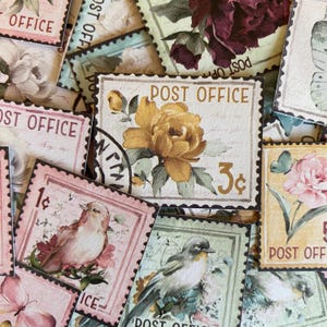 Papier cartonné fleurs oiseaux fleurs papillons Faux timbres-poste | Éphémères pour le scrapbooking | Journaux indésirables | Technique mixte | Collage | Balises