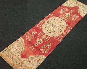 Vintage Oushak Runner Rug: 2.62 x 9.51 ft, Handmade Wool Turkish Rug