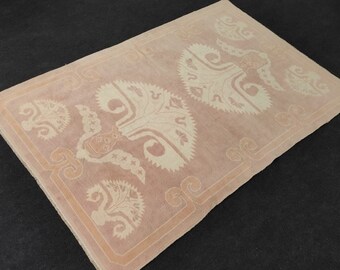 Alfombra vintage de lana Oushak: 1,47 m x 2,18 m, alfombra turca