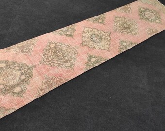 Vintage Oushak Runner Rug: 2.62 x 12.99 ft, Turkish Wool Rug