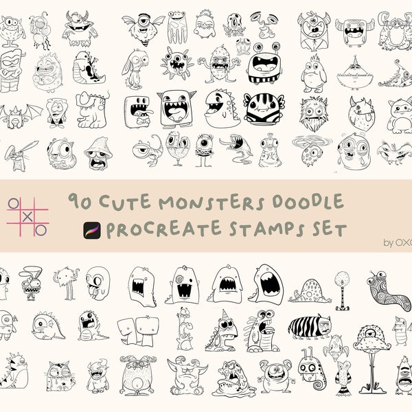 90 Cute Monsters Procreate Stamps, Dinasours, Aliens, Space Animals, Adorables, Charming Monster Stamps, Tiny Monsters