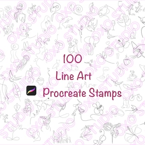 May include: A set of 100 line art Procreate stamps featuring various designs, including animals, plants, and abstract shapes. The stamps are black and white and are perfect for adding a touch of artistic flair to your digital artwork.