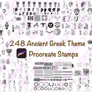 Puede incluir: Un conjunto de 248 sellos Procreate en blanco y negro con temática griega antigua. Los sellos incluyen imágenes de jarrones, columnas, coronas, cascos y personas. El texto "248 Ancient Greek Theme Procreate Stamps" se muestra en texto marrón.