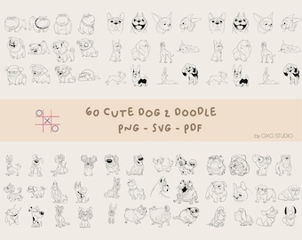 May include: A set of 60 black and white line drawings of cute dogs in various poses. The drawings are in a doodle style and are perfect for use in digital or physical projects. The text "60 CUTE DOG 2 DOODLE PNG - SVG - PDF by OXO STUDIO" is at the bottom of the image.