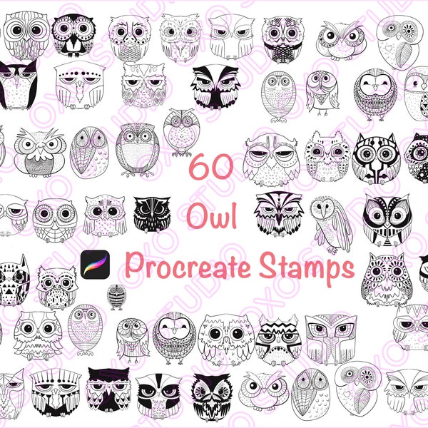 60 Owl Procreate Stamps, Night Owl Stamps, Night Bird Stamps, Decorative Owl Stamps