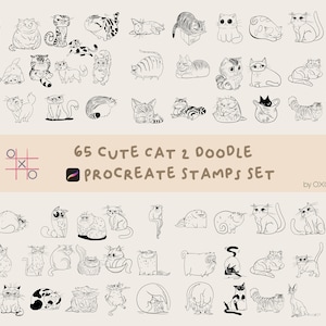 May include: A collection of 65 cute cat doodles in black and white. The image includes various cat poses and styles, with the text "65 Cute Cat 2 Doodle Procreate Stamps Set".