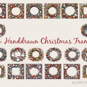 Pode incluir: Um conjunto de mais de 20 molduras de Natal desenhadas à mão, apresentando coroas, ornamentos, bengalas de doces e outros elementos festivos. As molduras são perfeitas para adicionar um toque de alegria natalina aos seus projetos.