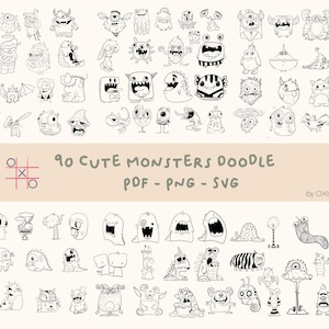 90 Cute Monters Doodles, Dinasour Monsters, Aliens, Space Animals, Adorables, Illustration, Drawings, SVG - PNG - PDF