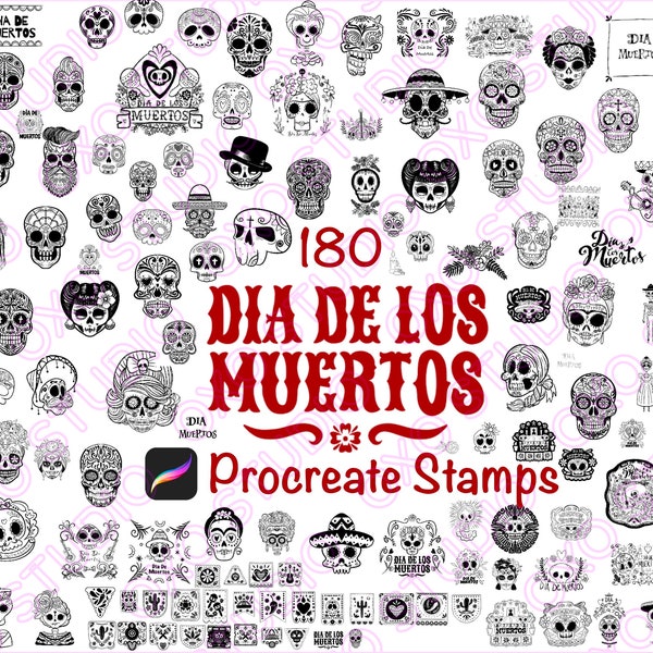 180 Dia De Los Muertos Procreate Stamps, Mexican Holiday, Sugar skulls, Altars Procreate Stamps