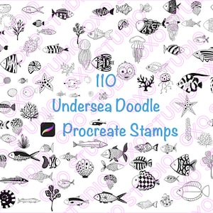 May include: A set of 110 black and white Procreate stamps featuring undersea doodle illustrations. The stamps include various sea creatures, plants, and shells.