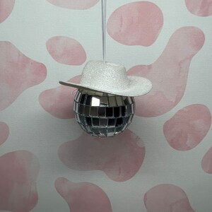 White Glitter Cowboy Hat/ Disco Ball Car Charm
