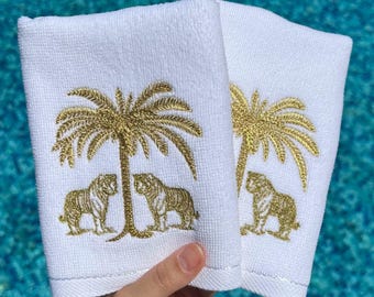Asciugamani Safari Tiger Palm, decorazioni tropicali per il bagno, set di asciugamani per ospiti in cotone turco ricamato