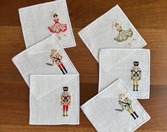 Servilletas de cóctel de lino con bordado de Cascanueces, decoración navideña para la mesa.