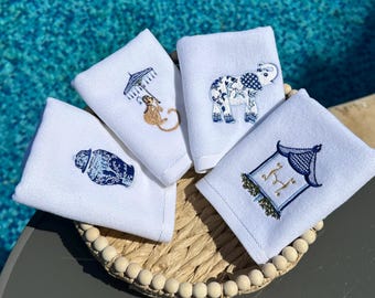 Asciugamani personalizzati in stile Chinoiserie, set di asciugamani per ospiti in cotone turco ricamato, regalo personalizzato per il bagno.