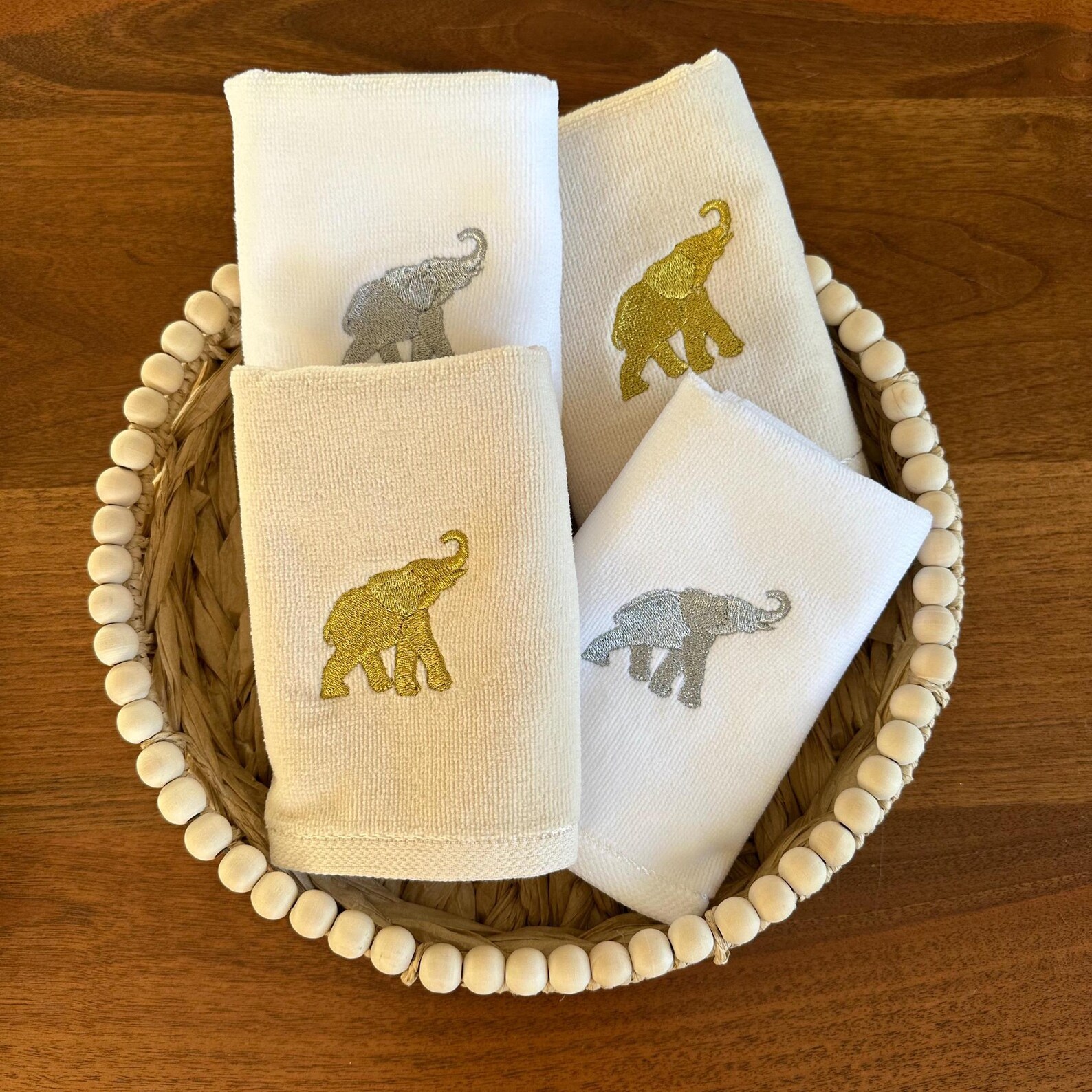 Elephant Embroidered Turkish Cotton Hand Towels – Set of 4, Gold/Silver Design