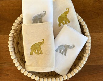 Asciugamani in cotone turco ricamati con elefante - Set da 4, design oro/argento