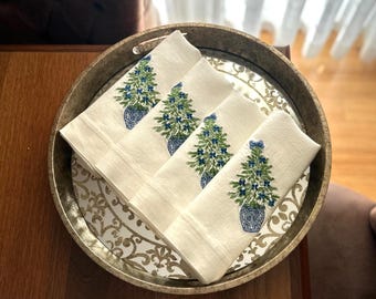 Tovaglioli di lino con motivo albero di Natale Chinoiserie - Decorazione da tavola ricamata per le feste e regalo per l'ospite