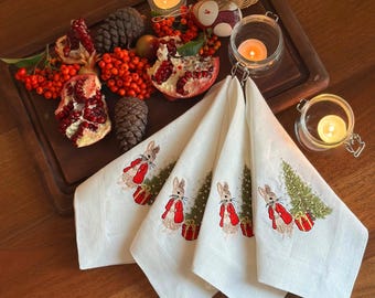 Tovaglioli di lino ricamati con Peter Rabbit, decorazione per la tavola a tema albero di Natale, regalo per la padrona di casa