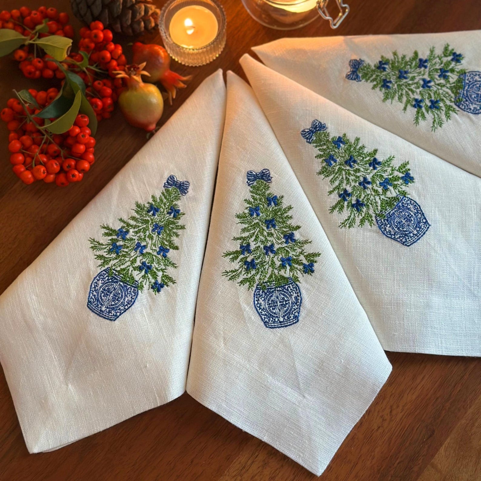 Chinoiserie Christmas Tree Napkins • Embroidered Linen Napkins • Holiday Table Decor • Hostess Gift