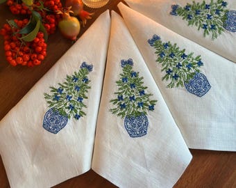 Tovaglioli con albero di Natale in stile Chinoiserie in vaso blu, decorazioni natalizie in lino ricamato per la tavola, regalo per la padrona di casa