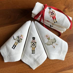 Embroidered Nutcracker Linen Napkins, Christmas Table Decor