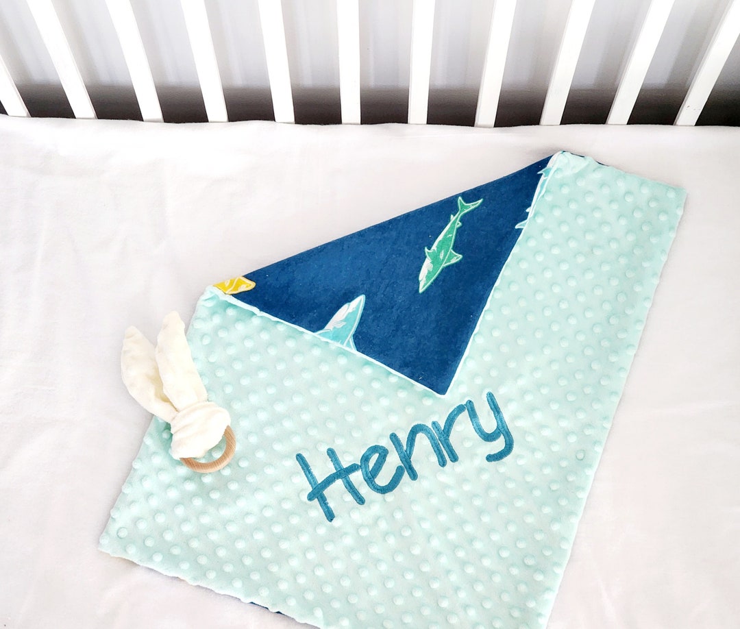 Personalized Shark Baby Blanket, Shark Boy Swaddle Blanket, Custom Name