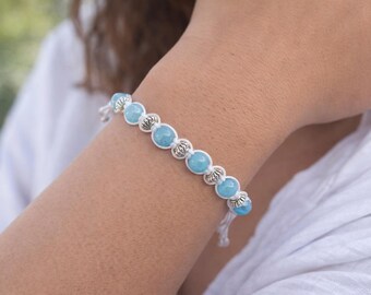 Pulsera de calcedonia azul, cuenta de piedra de calcedonia azul natural, joyería ajustable