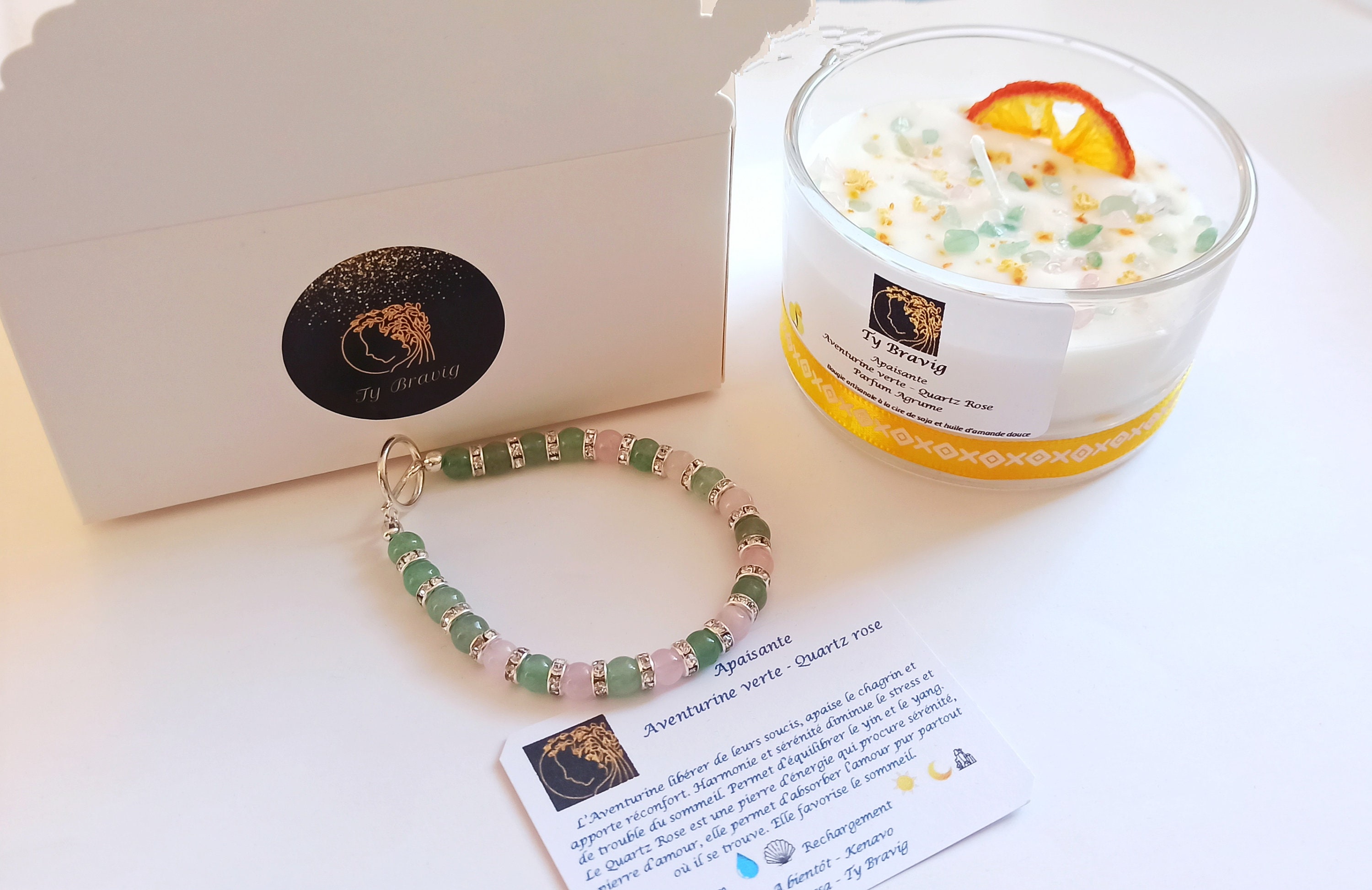 Coffret Bougies Pierres Naturelles Aventurine Verte et Quartz Rose Bracelet en Pierre Naturelle Prêt