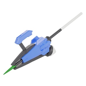以下が含まれることがあります： ガンダム00のアニメシリーズに登場する武器、GNパイルバンカーの青と灰色のプラスチックモデルキット。モデルキットは1/144スケールで、緑色の先端が特徴です。