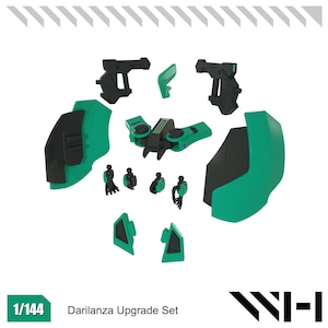 May include: A 1/144 scale model kit upgrade set for the Darilyanza model. The set includes a variety of green and black plastic parts, including weapons, armour, and accessories.