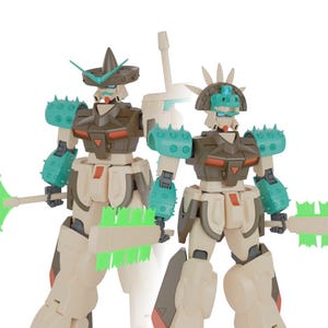 Puede incluir: Dos figuras de acción de robots, G-Mezcal y G-Agave, en una combinación de colores beige claro, turquesa y marrón. Cada figura tiene un tocado y un arma únicos. Las figuras están etiquetadas 1/144.