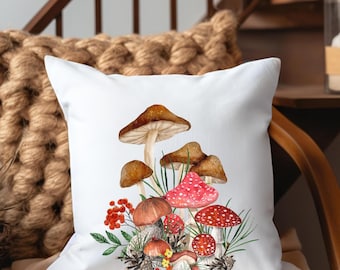 Mushroom Woodland Forest Decorative Square Throw Pillow, Cottagecore Pillow, Mushroom Pillow Cover, Magic Mushroom Home Decor, Cabin Decor