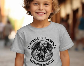 St. Michael the Archangel &quot;Defend Us in Battle&quot; Youth Short Sleeve Tee, Children&#39;s Catholic Shirt, Saint Quote Kid&#39;s Shirt, Angel Prayer Tee