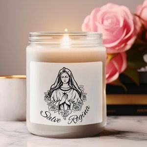 Salve Regina &quot;Hail Holy Queen&quot; 9oz Scented Soy Candle, Catholic Home Decor, Virgin Mary Candle, Saint Decorative Candle, Priest Gift