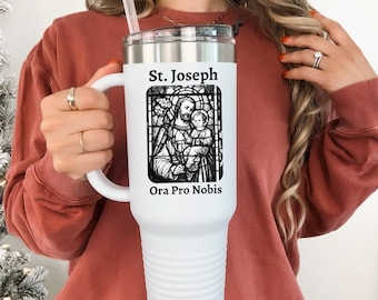 St. Joseph 40oz Travel Tumbler, Catholic Tumbler, St. Joseph Litany Prayer Mug, Saint Water Bottle, Confirmation Gift, Catholic Guy Tumbler