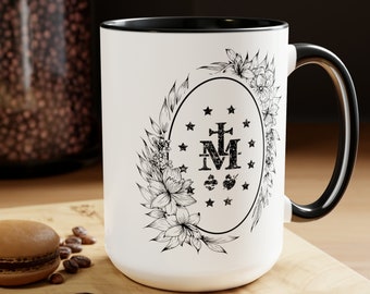 Miraculous Medal Coffee Mug, Catholic Coffee Mug, Virgin Mary Mug, Our Lady Coffee Mug, Rosary Mug, Floral Christian Mug, 15 oz Coffee Mug