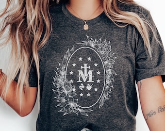Miraculous Medal Shirt, Virgin Mary T-shirt, Catholic Shirt, Marian Shirt, Catholic Floral Shirt, Catholic Saint Shirt, Cute Catholic Shirt