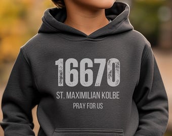 St. Maximilian Kolbe Jugend Kapuzen-Sweatshirt, Katholischer Jugend Hoodie, Kinder-Heiliger Hoodie, 16670 Prison Number Shirt, Geschenk für Gottkind