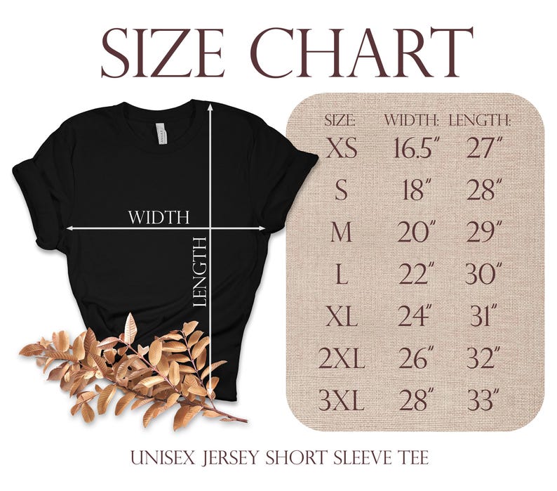 May include: A black unisex jersey short sleeve tee shirt with a size chart. The chart shows measurements for sizes XS to 3XL, with widths ranging from 16.5 inches to 28 inches and lengths from 27 inches to 33 inches.