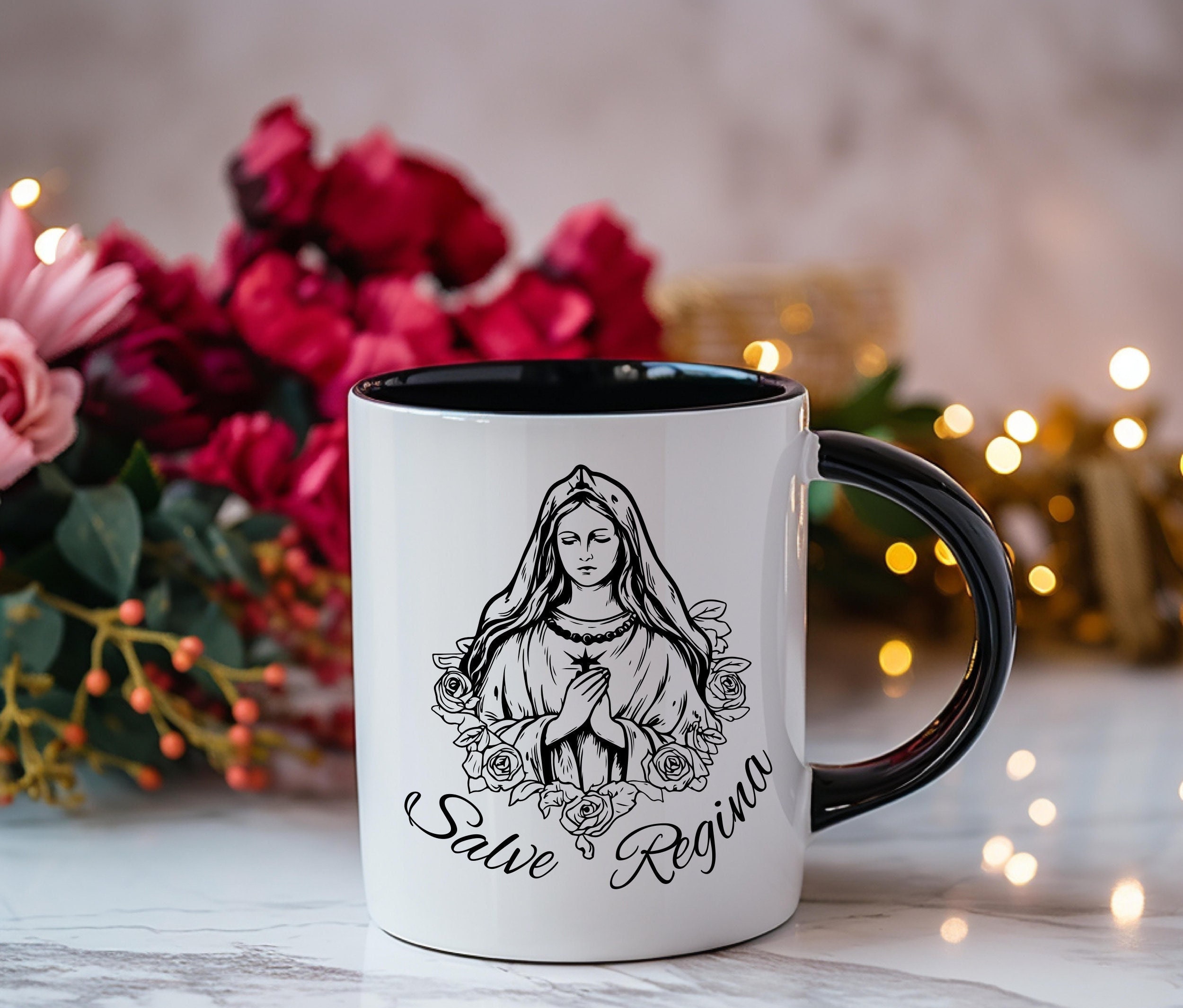 Salve Regina 11oz 15oz Ceramic Coffee Mug, Catholic Saint Coffee Mug, Cute Virgin Mary Mug, Latin Catholic Quote Mug, Mary Mother of God Mug