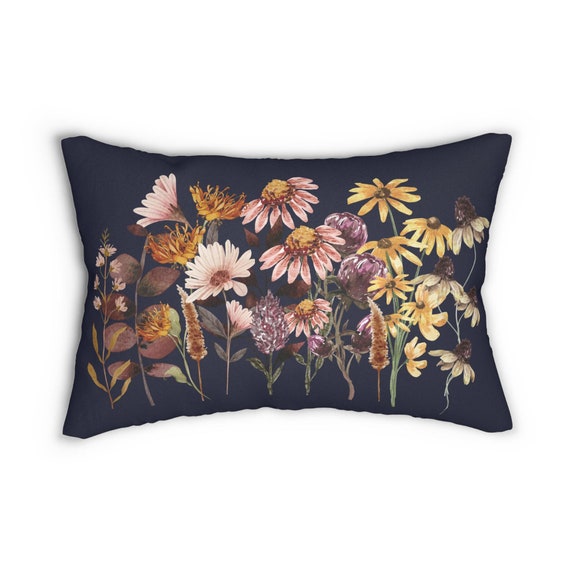Autumn Wildflower Rectangular Lumbar Pillow, Fall Floral Decorative Throw  Pillow, Navy Maroon Fall Forest Wildflower Cottagecore Home Decor